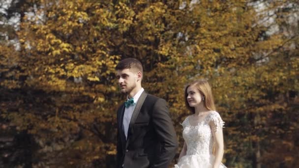 Frisch verheiratet. Kaukasischer Bräutigam mit Braut im Park. Hochzeitspaar. Glückliche Familie - Filmmaterial, Video