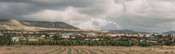 Panoramaaufnahme von grünen Bäumen und Pflanzen in der Nähe von Häusern in den Bergen - Foto, Bild