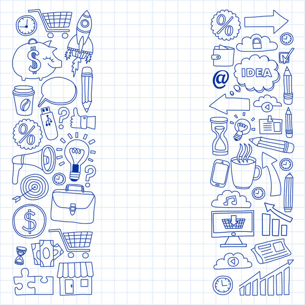 Online business and management school. Pattern with finance icons. Projects organization, risk, development. Team working, budget planning. - Vector, Image