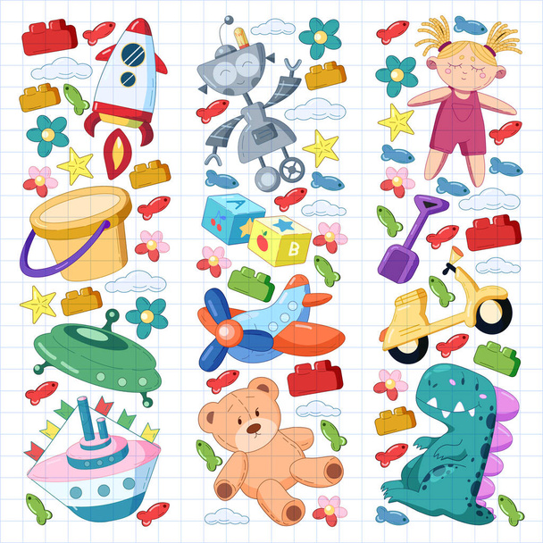 Conjunto de vectores con iconos de juguetes. Patrón para el jardín de infantes, niños pequeños. Niños jugando
. - Vector, imagen