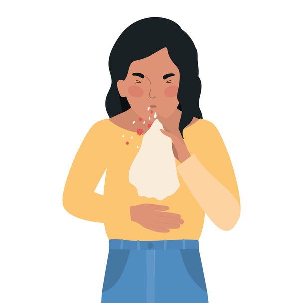 Avatar woman with covid 19 virus coughing holding tissue vector design - Vector, Image