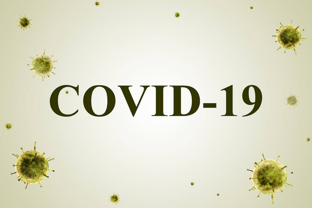 Illustratie voor de achtergrond over het thema virus en geneeskunde, gele bacteriën langs de randen van het frame en de inscriptie "covid-19" in het midden. - Foto, afbeelding