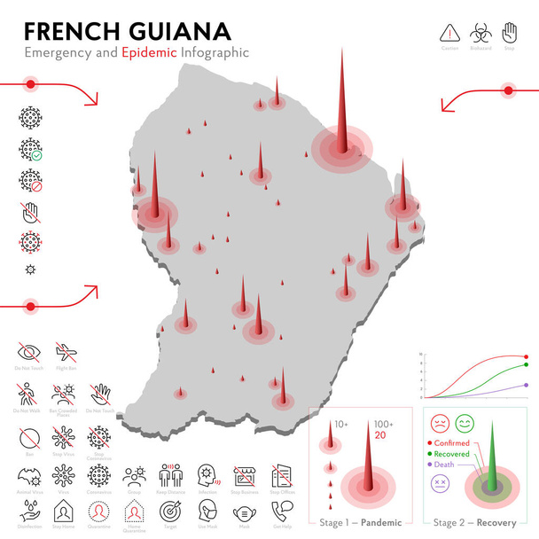 Francia Guyana járvány és karantén vészhelyzeti infografikai sablonjának térképe. Szerkeszthető Vonalikonok a Pandémiás Statisztikához. A vírus, a koronavírus és az epidemiológiai védelem kórokozó-átvivő illusztrációja. Elszigetelt - Vektor, kép
