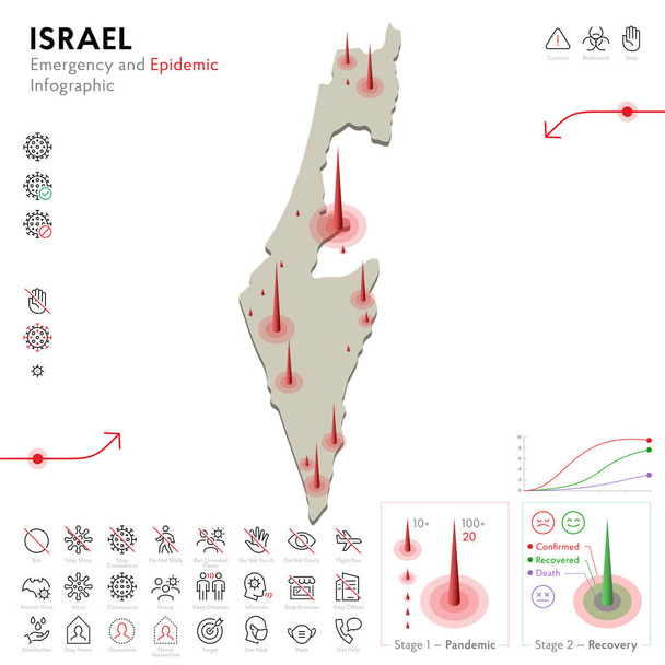 Mapa Izraele Epidemie a karanténní informační šablona pro mimořádné události. Upravitelné ikony čar pro pandemickou statistiku. Vektorová ilustrace viru, koronaviru, epidemiologické ochrany. Izolované - Vektor, obrázek