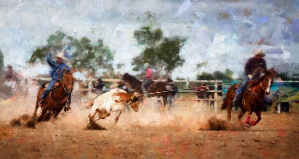 Cyfrowa ilustracja artystyczna - abstrakcyjna koncepcja malarstwa akwarelowego - dwóch kowbojów na koniu łapiących cielaka na wiejskim rodeo - Zdjęcie, obraz
