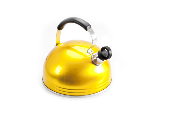 Yellow tea kettle isolated on white background - 写真・画像