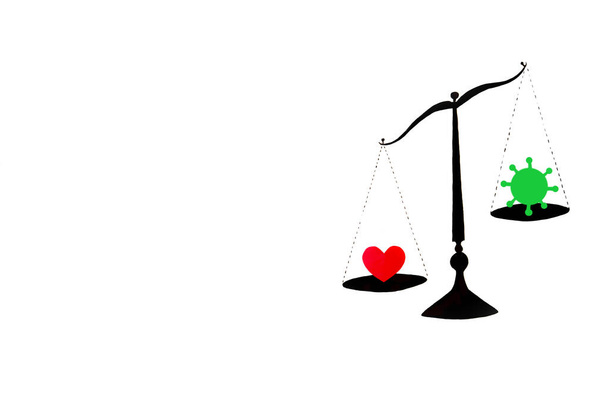 silueta de escala de equilibrio viejo sobre fondo blanco amor vs coronavirus
 - Foto, imagen