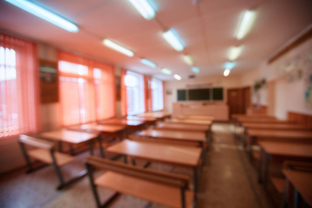 Empty school classroom Concept of quarantine or vacation. Blurred background image - 写真・画像