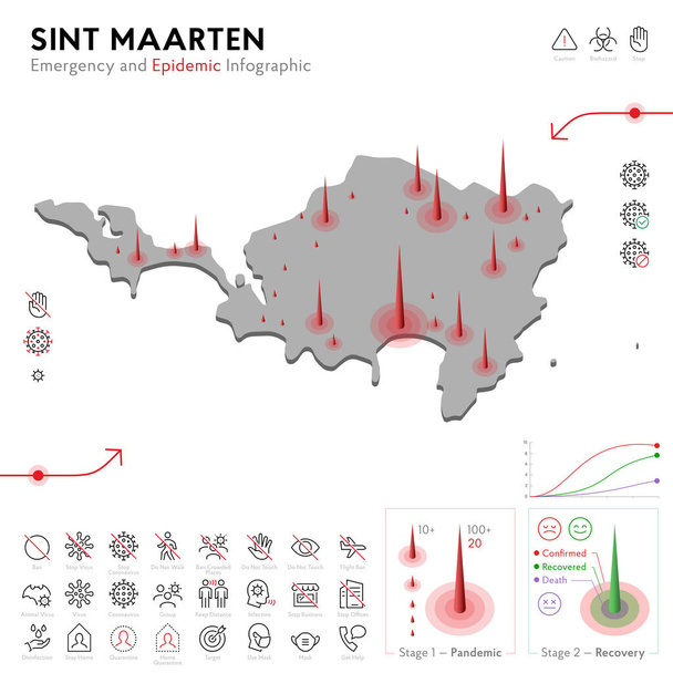 A Sint Maarten járvány és karantén vészhelyzeti Infografikai Sablon térképe. Szerkeszthető Vonalikonok a Pandémiás Statisztikához. A vírus, a koronavírus és az epidemiológiai védelem kórokozó-átvivő illusztrációja. Elszigetelt - Vektor, kép