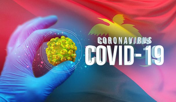 Coronavirus COVID-19 salgını, sağlığa zararlı virüs, Papua Yeni Gine bayrağını sallayan arka plan. Salgın durdurma Romanları Coronavirüs salgını covid-19 3D illüstrasyon. - Fotoğraf, Görsel