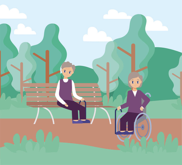 ηλικιωμένοι, ηλικιωμένοι που κάθονται στην καρέκλα του πάρκου - Διάνυσμα, εικόνα