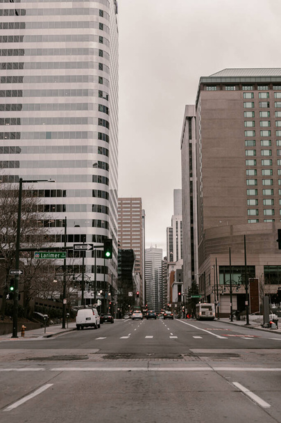 Empty city of Denver in Colorado. Quarantine coronavirus covid-19 spring march. Stay home during the quarantine. Self distancing on streets. Denver downtown financial district. Ghost town. Virus time. - 写真・画像