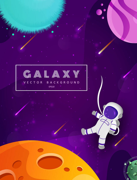 Bonita caricatura astronauta flotando con el planeta en el fondo espacial. Universo colorido. Diseño del juego. Fantasía planetas espaciales para ui juego de galaxias. EPS 10
. - Vector, imagen