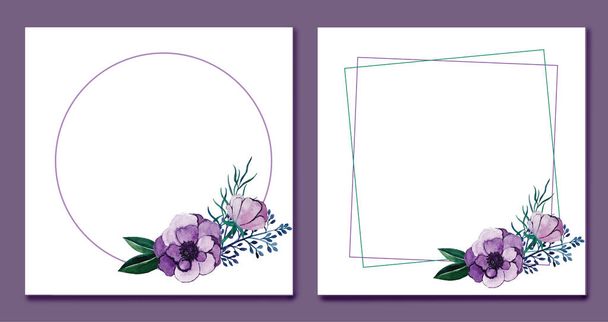 watercolor set of square and round anemones frames. - Foto, Imagem