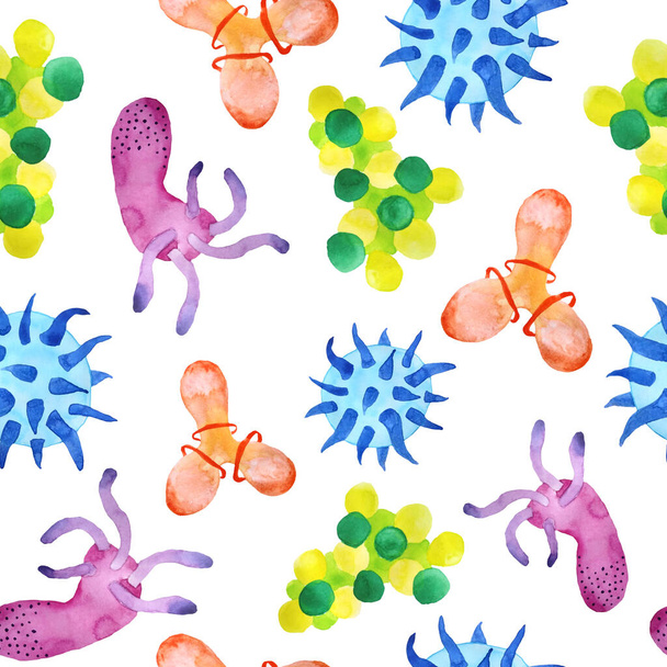 Ručně kreslené akvarel bezešvný vzor vícebarevné žlutá oranžová zelená modrá fialová viry a bakterie izolované set. Mikroskopické onemocnění buněk, virus, bakterie a mikroorganismus ilustrace - Fotografie, Obrázek
