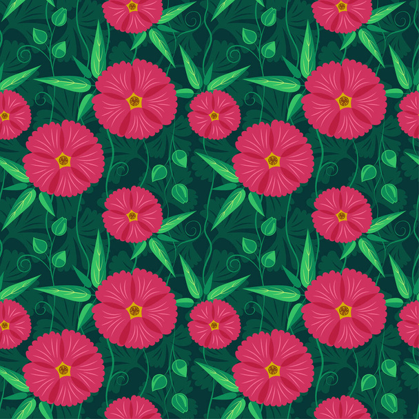 Nahtloses Muster mit rosa Blüten und grünen Blättern auf dunkelgrünem Hintergrund. Romantische Vektorillustration für Textil- oder Verpackungsdesign. - Vektor, Bild