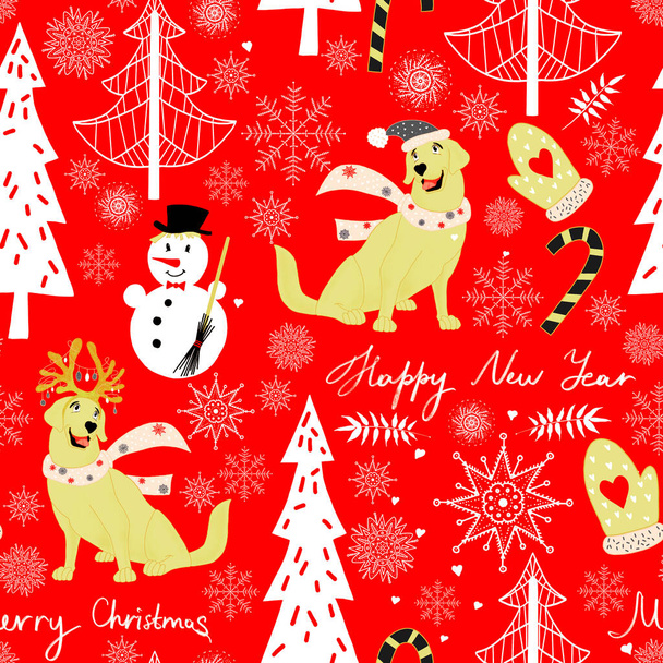 Újévi minta kutyákkal és játékokkal, édességek piros háttérrel. Karácsonyfa és hópehely dísz, hóember - Fotó, kép