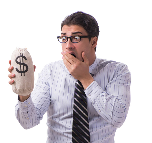 Young businessman with money sack isolated on white background - Foto, Imagem