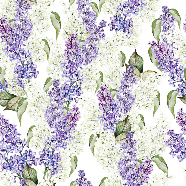 Watercolor seamless pattern with lilac flowers and leaves. - Photo, Image