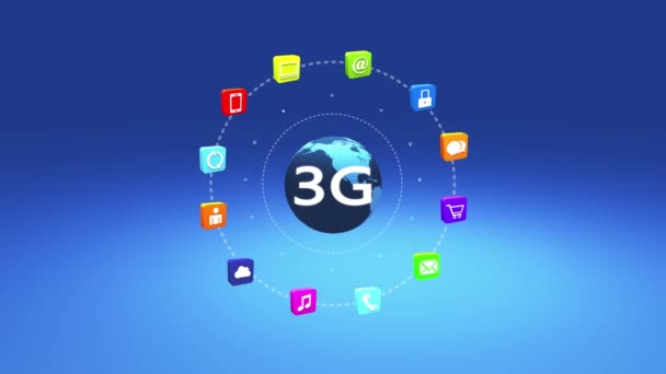 4k 3G symbool, concept, online diensten pictogrammen, sociale media rond roterende aarde. - Video