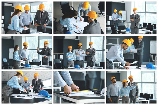 Collage de fotos con ingenieros trabajando en la oficina
 - Foto, imagen