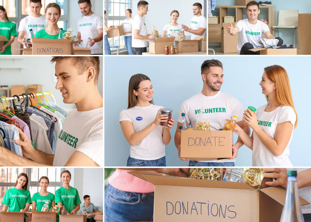 Collage of photos with volunteers and donations for poor people - Photo, Image