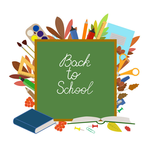 Back to school. Banner template, sale advertisement. Blackboard, lettering. Text Back to school. School supplies and autumn leaves at the blackboard. Flat cartoon icons. Colorful vector illustration - Vetor, Imagem