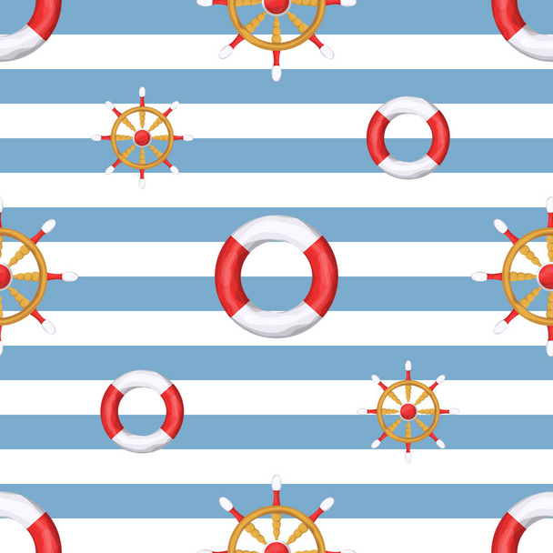 Volante Lifebuoy y Ship. Patrón sin costuras. Acuarela. Ilustración vectorial aislada sobre un fondo de rayas azules
. - Vector, imagen