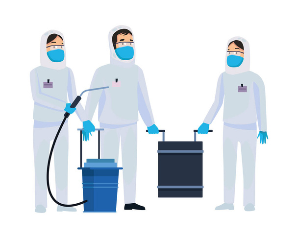 biohazard cleaning persons with sprayer characters - Vector, Image