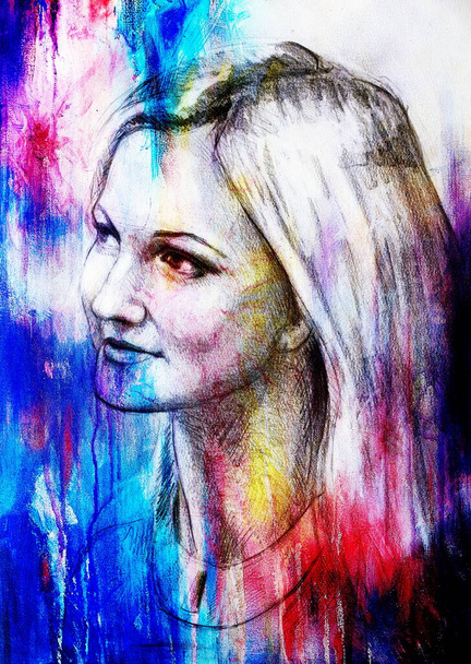 Güzel bir kadın portresi. Eski kağıda kalem çizimi. Renk efekti - Fotoğraf, Görsel