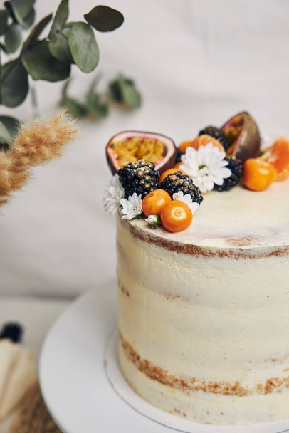 A white cake with berries and passionfruits next to a plant behind a white background - Foto, Imagen