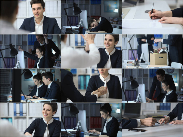 Uomini d'affari in ufficio, situazioni di lavoro, lavoro e stile di vita, collage fotografico
 - Foto, immagini