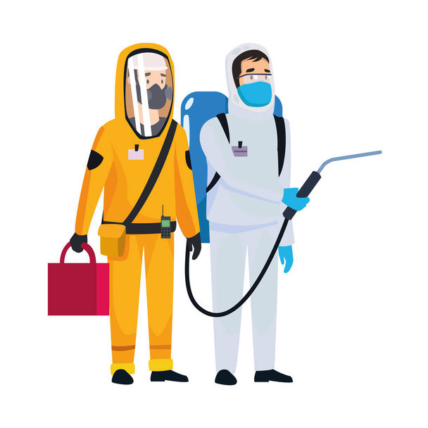 limpieza de riesgos biológicos personas con caracteres de pulverizador
 - Vector, Imagen