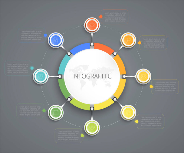 Colourful circle infographic, Vector illustration connected to 8 options and text boxes can be used for cycle, business, educations or diagrams  - Wektor, obraz