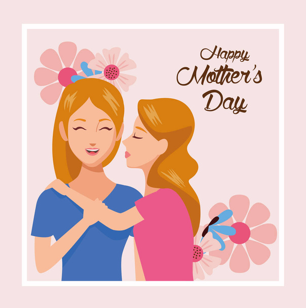 όμορφη μητέρα με κόρη και φλοράλ καρέ κάρτα ημέρας μητέρων - Διάνυσμα, εικόνα