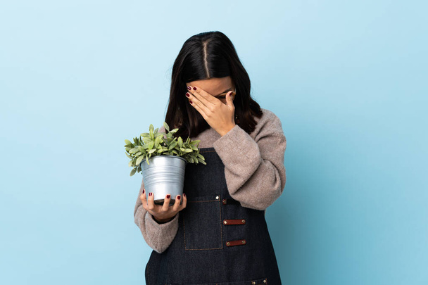 Jeune brune mixte femme tenant une plante sur fond bleu isolé couvrant les yeux par les mains
. - Photo, image