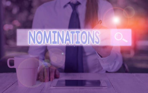 Writing note showing Nominations. Business photo showcasing action of nominating or state being nominated for prize. - Photo, Image