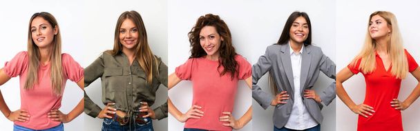 Set di giovani donne su sfondo bianco in posa con le braccia all'anca e sorridente
 - Foto, immagini