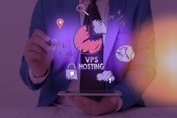 Conceptual hand writing showing Vps Hosting. Business photo showcasing mimics a dedicated server within a shared hosting environment. - 写真・画像