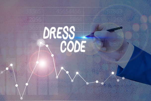 Znak tekstowy pokazujący Dress Code. Fotografia konceptualna akceptowany sposób ubierania się na określoną okazję lub grupę. - Zdjęcie, obraz