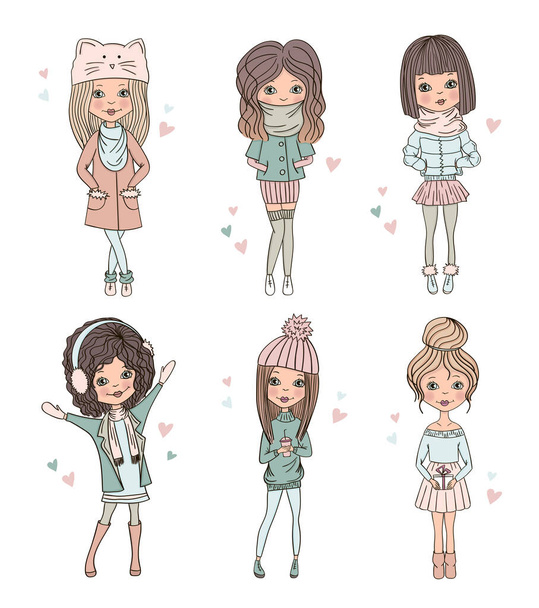 winter fashionable beautiful girls vector. hand draw. cute girls. cool style. hipster girls in winter clothes. - Vector, Image