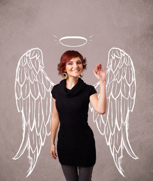 Cute girl with angel illustrated wings - Фото, зображення