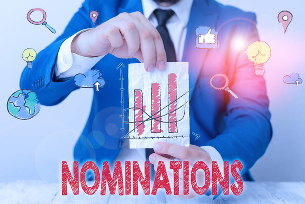 Text sign showing Nominations. Conceptual photo action of nominating or state being nominated for prize. - Photo, Image