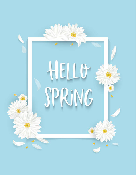 квітка Векторні ілюстрації з весняними квітами прикраси і місце для тексту на блакитному фоні можна використовувати для фону, вітальної листівки або рамки
 - Вектор, зображення
