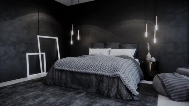 Modern siyah yatak odasının içi, dışarıda parlak ışık, dönen çekim, video ultra HD 4K 3840x2160, 3D animasyon - Video, Çekim