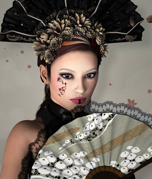 Porträt einer fantasievollen schönen Frau mit einem Fächer und einer seltsamen Kopfbedeckung - Foto, Bild