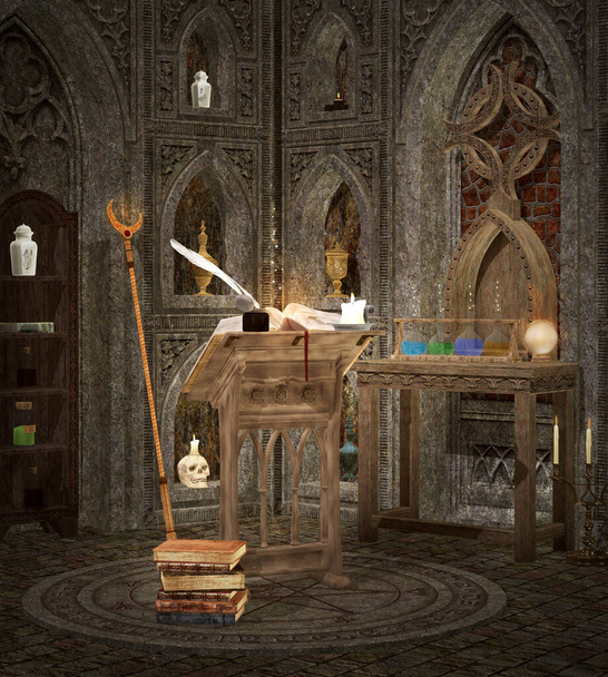 Temple gothique sombre avec potions, livres de rites mystérieux et baguette magique - Photo, image