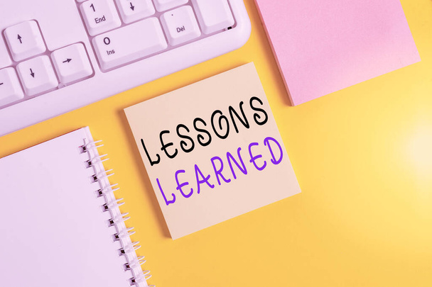 Writing note showing Lessons Learned. Business photo showcasing experiences distilled project that should actively taken Empty papers with copy space on yellow background table. - Photo, Image