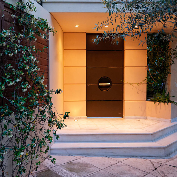современный дизайн дома вход темно-коричневая дверь, подсветка
 - Фото, изображение