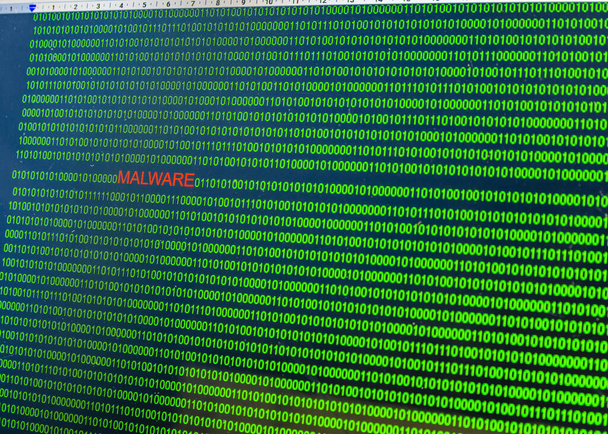 Červený nápis Malware ve škodlivém počítačovém kódu napsaném hackerem. Obrázek obrazovky počítače s nebezpečným kódem programu. - Fotografie, Obrázek